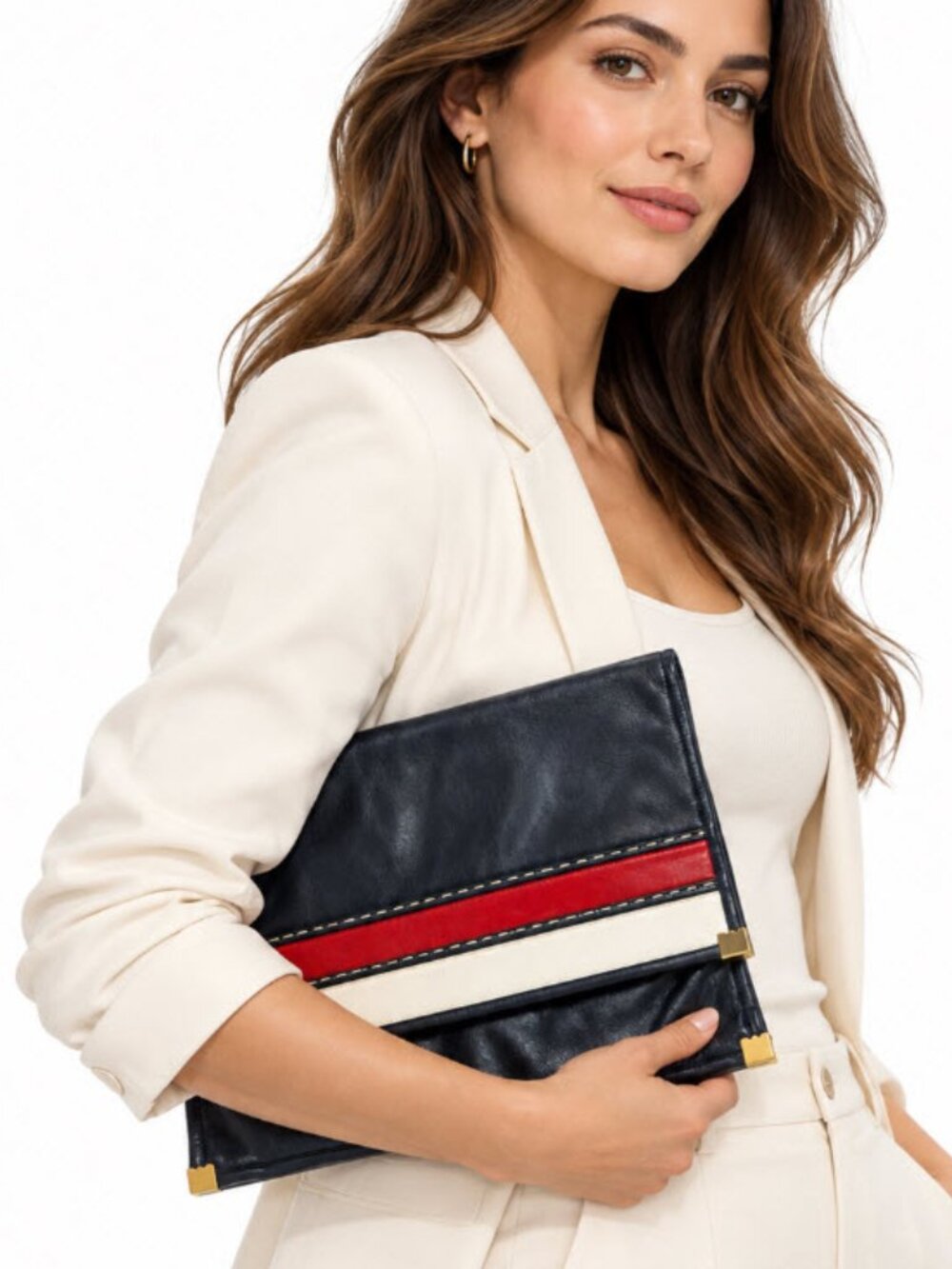 Vintage Navy Leather Clutch Red White Stripe Gold Accents Wristlet
